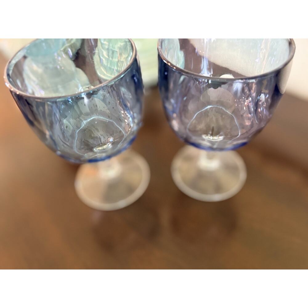 Set 2 Vintage Bartlett Collins Iridescent Light Blue Thumbprint Goblets Glasses - Picture 6 of 8